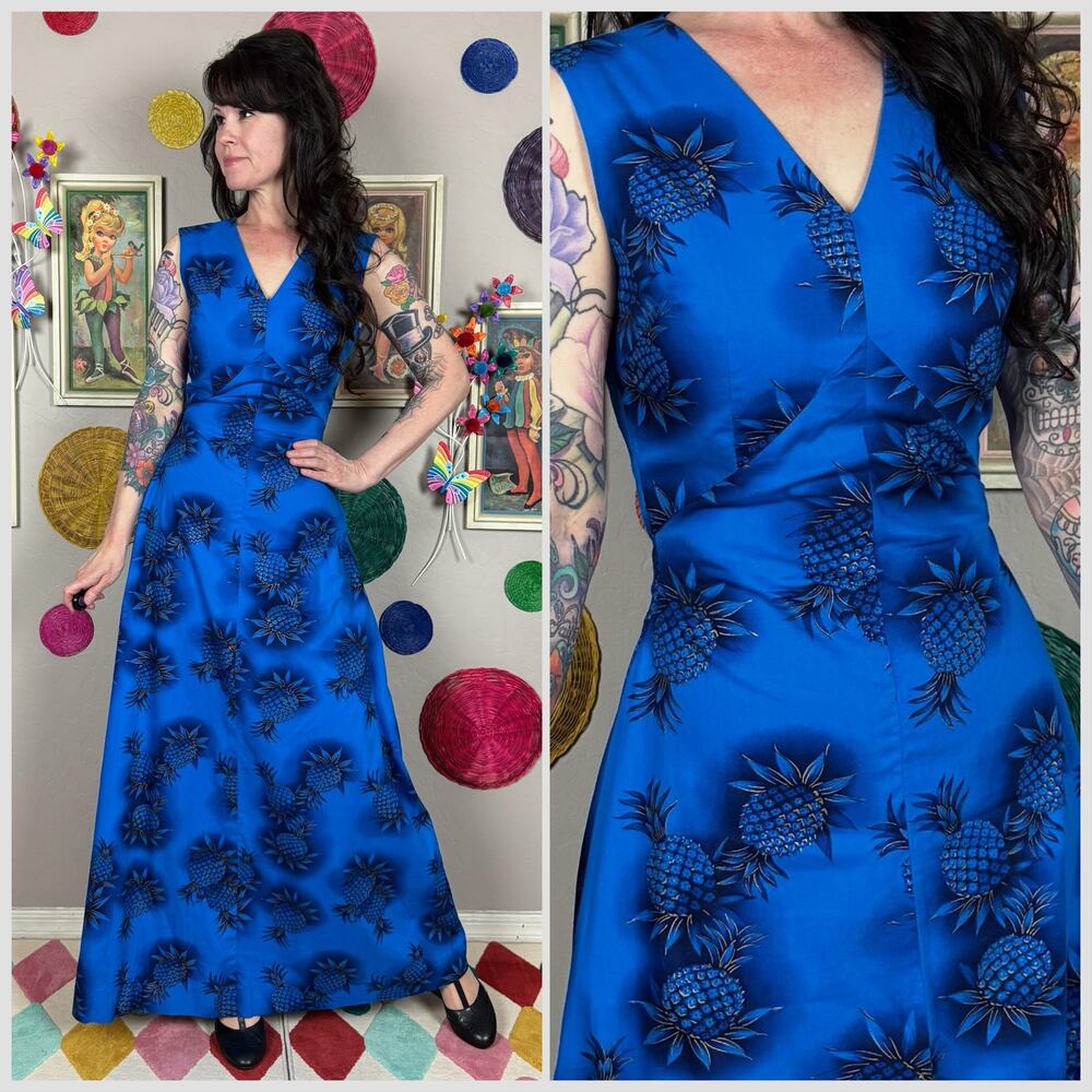 Vintage 1950s Blue and Gold Pineapple Print Tiki Maxi Dress